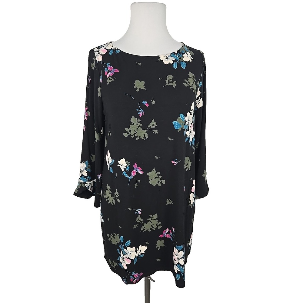 J.Jill Wherever Collection Black Jersey 3/4 Sleeve Floral Tunic Top Small S
